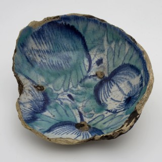 Fragment majolica bowl, green and blue on white, decor with apples, bowl crockery holder soil find ceramic earthenware glaze
