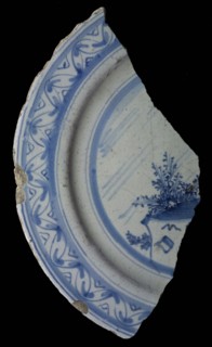 Fragment faience plate, blue on white, landscape, plate dish crockery holder soil find ceramic earthenware glaze tin glaze