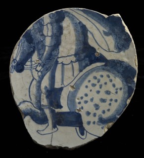 Fragment majolica plate, blue on white, rider on fungus, plate dish crockery holder soil find ceramic earthenware glaze, baked