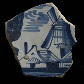 Fragment majolica scale, blue on white, landscape with farm and mill, plate tableware holder soil find ceramic pottery glaze