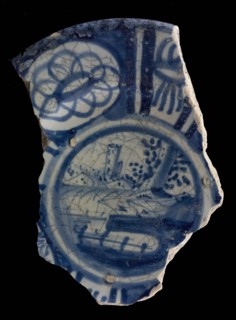 Fragment majolica dish, blue on white, landscape, edge in Wanli style, dish plate crockery holder earth discovery ceramics