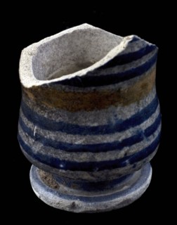 Fragment majolica albarello, ointment jar, on stand with polychrome ribbon decor, albarello holder soil find ceramic earthenware