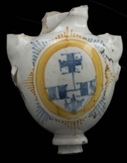 Faience altar vase, with polychrome medallion with halo, cross and IHS, altar vase vase tableware holder soil find ceramic
