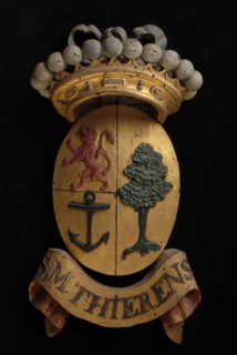 Carved wooden crowned coat of arms including the name S.M. Thierens, coat of arms informative form carvings sculpture sculpture
