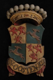 Carved wooden crowned coat of arms including the name I.V. Oostenryk, coat of arms informative form carvings sculpture sculpture