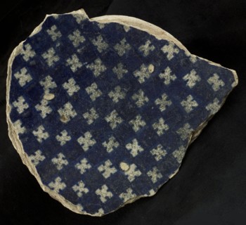 Fragment majolica plate, blue on white, chessplate decor, plate crockery holder soil find ceramic earthenware glaze, baked