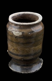 Albarello, ointment jar with polychrome decoration on stand foot, albarello holder soil find ceramic earthenware glaze lead