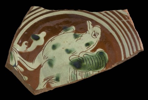 Bottom fragment Werra plate, mirror decor with bird, light yellow and green glaze, plate crockery holder earth discovery ceramic