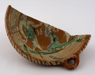 Fragment Werra, large bowl with ears, mirror decor paradise with Adam, Eve and snake in tree, year 1621, pale yellow, blue and