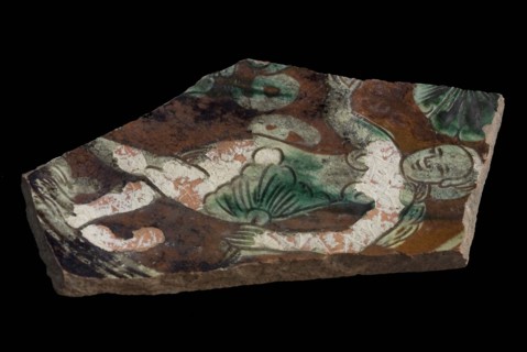 Bottom fragment Werra plate, mirror decoration Adam And Eva by tree, year 1596, light yellow and green glaze, plate crockery