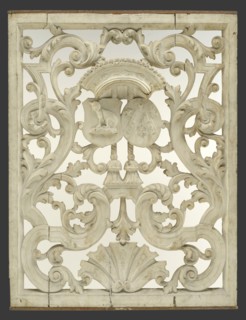 Cutting frame with two weapons under crown surrounded by curly ornaments, cutting window toplight carvings sculpture footage