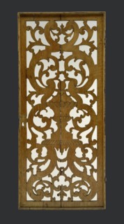Oak toplight with carved antique vase, surrounded by curl ornaments, cutting window toplight carvings sculpture footage wood