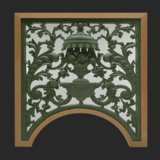 Skylight with carved vase of flowers and leaf motifs, coming from the portal, cutting window surface light wood carving