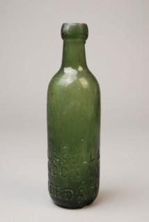 Cylindrical bottle for mineral water or ginger-ale 'blob-top', bottle product container holder bottomfound glass, machine made