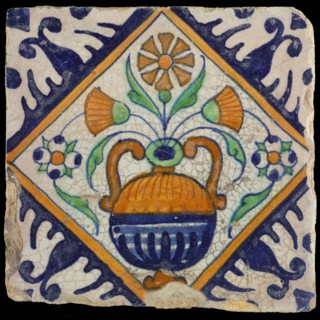 Multicolored tile with flowerpot in square, with palm corner in saving technique, wall tile tile sculpture ceramic earthenware