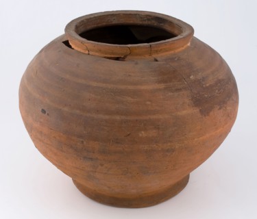 Earthenware storage jar on stand, egg-shaped, short upright neck, storage jar pot holder soil found ceramic earthenware, hand