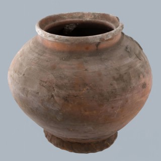Pottery storage jar on pinched stand, squat ovoid, storage jar pot holder soil find ceramic earthenware glaze lead glaze, hand