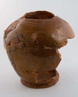 Fragment of large pottery jug be placed on stand, glazed, misbaked, water jug crockery holder soil find ceramic earthenware