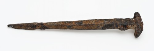 Nail with square head, wrought iron, nail fastener bottomfound iron metal, forged Iron nail Square cross-section tapered
