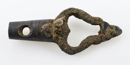 Copper stopper with harp-shaped handle, stop closure part soil find bronze copper metal, cast sawn Gray metal stop Conical pin