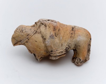 Part of pipe image, depicting horse with rider in long cloak, sculpture visual material soil finds ceramic pipe earth, in mold
