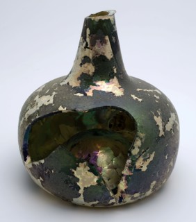 Fragment of round wine bottle with deep soul, irisation, bottle bottle wine bottle bottle holder soil find glass, free blown