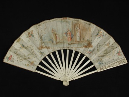 Folding fan with bone frame and multicolored painted front and back cover with biblical representation, Jacob and Hagar, church