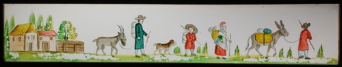 Hand-painted glass lantern plate in wooden frame, with traveling people, slide plate slideshoot images glass wood, Hand-painted