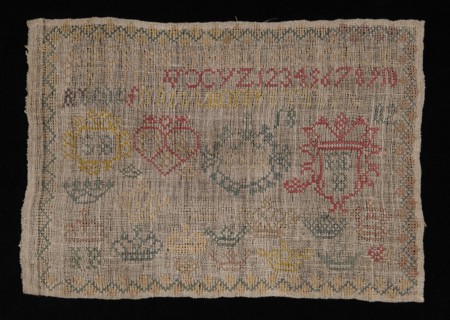 Sampler worked in cross-stitch in colored silk on loosely untreated linen, marked SB IEB 1802, sampler embroidery needlework