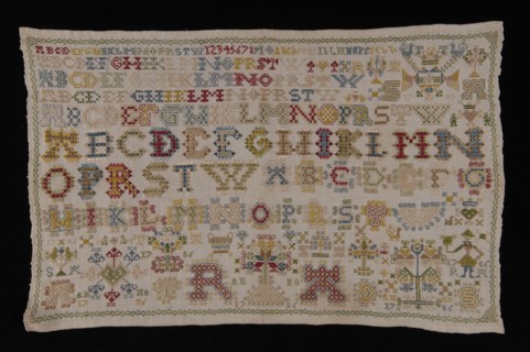 Sampler or lettercloth worked in colored silk on fine cream colored linen, marked AR ANNO 1786, lettercloth sampler embroidery
