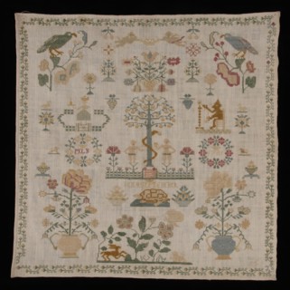 Brand patch worked in cross stitch in colored silk on cream cotton with linen effect, marked MLB 1781, sampler embroidery