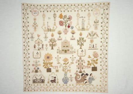 Sampler worked in cross-stitch in colored silk on fine cream-colored cotton with linen effect, marked CM 1784 ACS AP, sampler