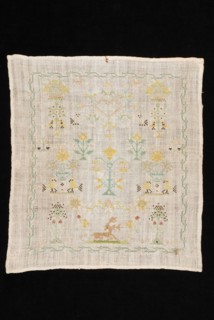 CDV, Sampler, worked in colored silk in cross stitch and star stitch on cream colored linen, marked CDV 1807, sampler embroidery