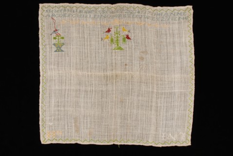 Unfinished sampler or lettercloth worked in cross stitch in colored silk on loose woven unbleached linen, marked LNI, sampler