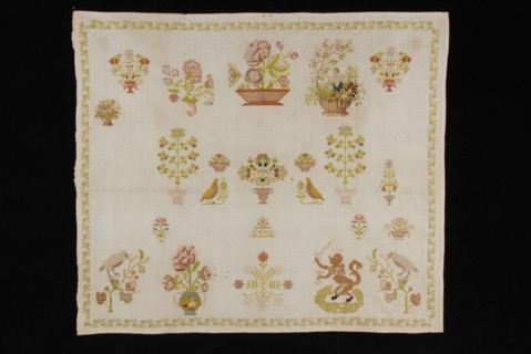 Unfinished sampler worked in fine cross stitch in colored silk on finely woven unbleached cotton, sampler embroidery needlework