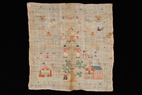 Sampler worked in cross stitch in colored silk on loosely woven unbleached linen, marked IK 1804, sampler embroidery needlework