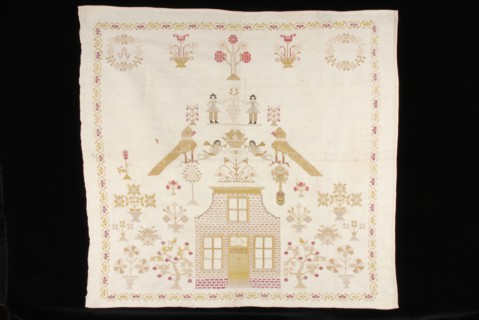 Unfinished sampler worked in cross stitch in colored silk on white cotton with matting binding, marked AVV, sampler embroidery