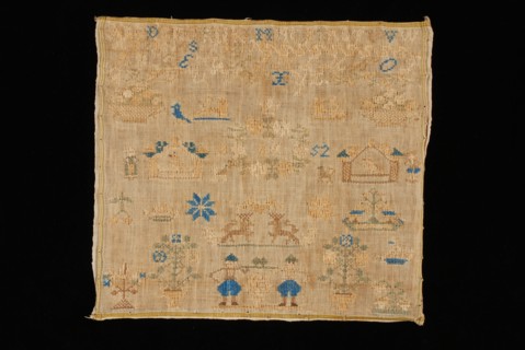 Aaltje Kemp, Sampler or letterlap worked in cross stitch in colored silk on fine linen, marked AK 1852, lettercloth sampler