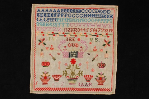 Johanna Wilhelmina van Stolk, Sampler or lettercloth worked in cross stitch in colored wool on coarse unbleached linen canvas