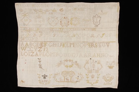 Loiza Plomp, Sampler or lettercloth worked in cross-stitch and star stitch in colored silk on bleached linen, marked LOIZA PLOMP