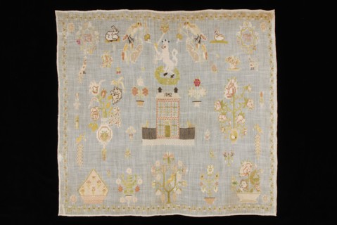 Sampler worked in cross stitch in colored silk on finely woven white linen gauze, marked 1842, sampler embroidery needlework