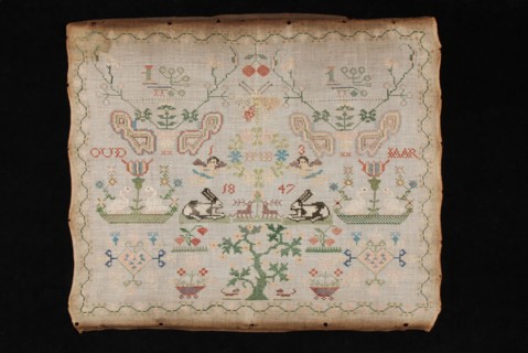 Sampler worked in cross stitch in colored silk on fine white cotton pattern, marked IMB 1847, sampler embroidery needlework