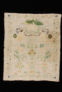 Sampler worked in cross stitch in colored silk on loosely woven bleached linen, marked EB VR 1836, sampler embroidery needlework