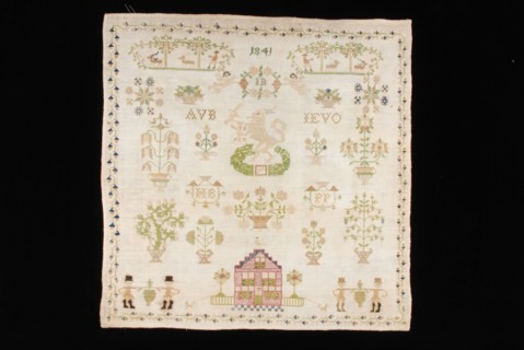 Sampler worked in cross stitch in colored silk on white cotton with linen effect, marked 1841 IB, sampler embroidery needlework