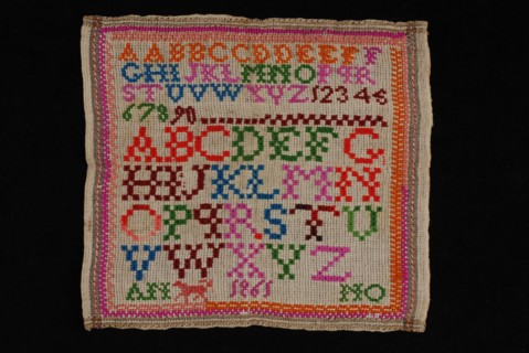 Sampler or lettercloth worked in multicolored wool on gray coarse matting canvas of cotton, ANNO 1861, lettercloth sampler