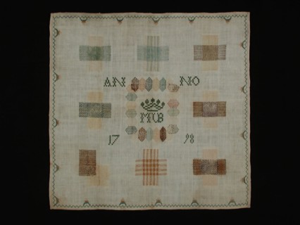 Darning sampler worked in colored silk on unbleached cotton with linen effect, marked Anno 1798 MVB, stoplap needlework footage