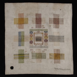 Stopper with nine stoppers worked in colored silk and white linen on finely woven linen, marked IV DV SW 1757, stoppage