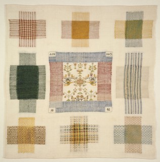 Darning sampler and sampler worked in colored silk yarn on cotton with linen effect, marked J.D.V. ANNO 1802, sampler embroidery