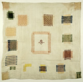 Darning sampler worked with colored silk on unbleached linen, centrally embroidered crowned dark red heart, LH 1744, exercise
