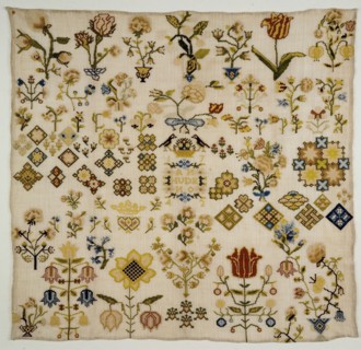 Sampler worked in rococo or bundle stitch with colored silk on loosely woven cream-colored linen in floral motifs, marked 1742